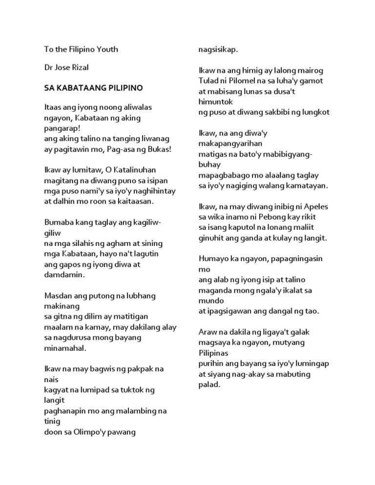 To The Filipino Youth By Dr Jose Rizal Filipino Version Pdf