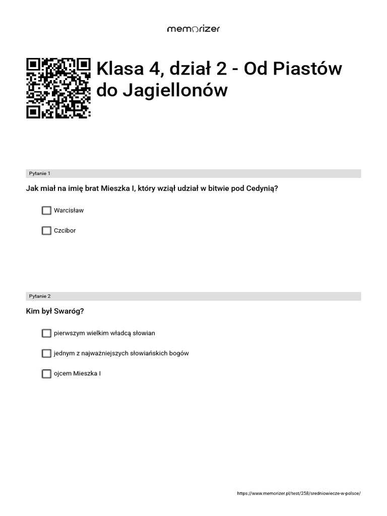 Sprawdzian Historia Klasa 4 Dział 2 Od Piastów Do Jagiellonów