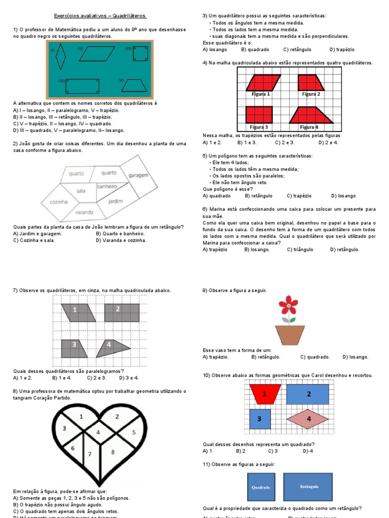 Exercícios sobre Quadriláteros para 9º Ano | PDF | Matemática elementar ...