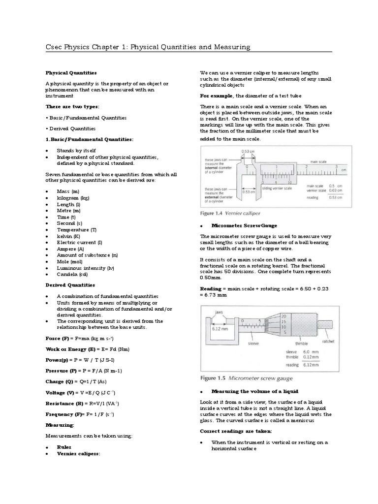 Csec Physics Chapter 1 Physical Measurements Pdf