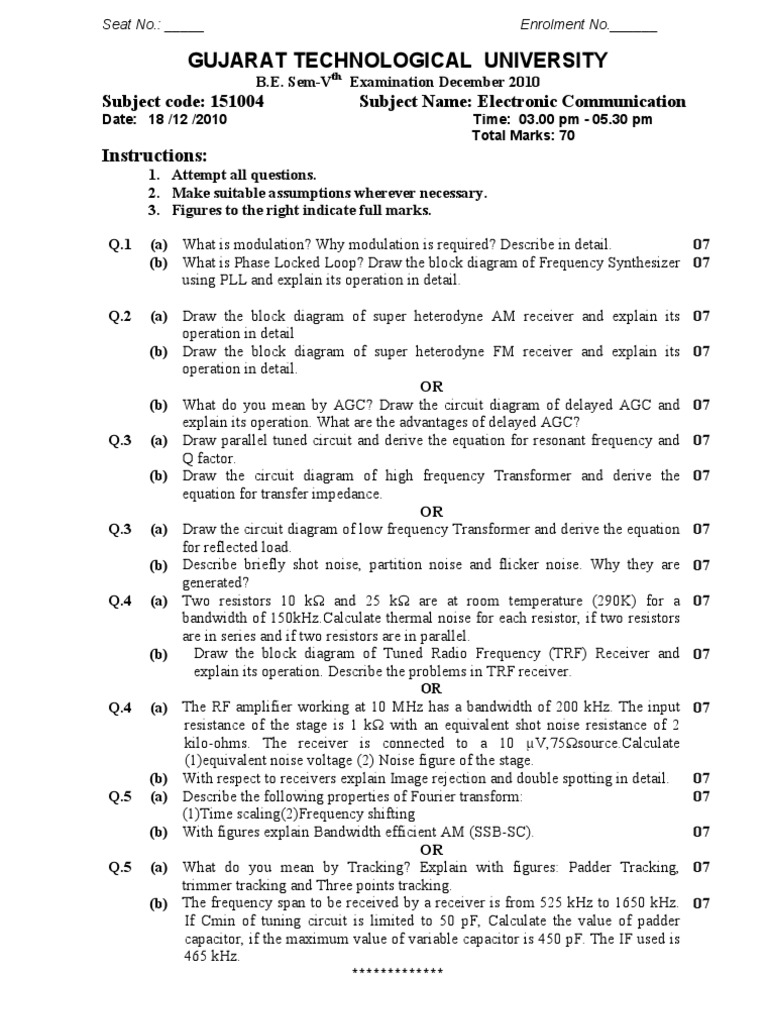 B.E. Electronic Communication Exam 2010 | PDF