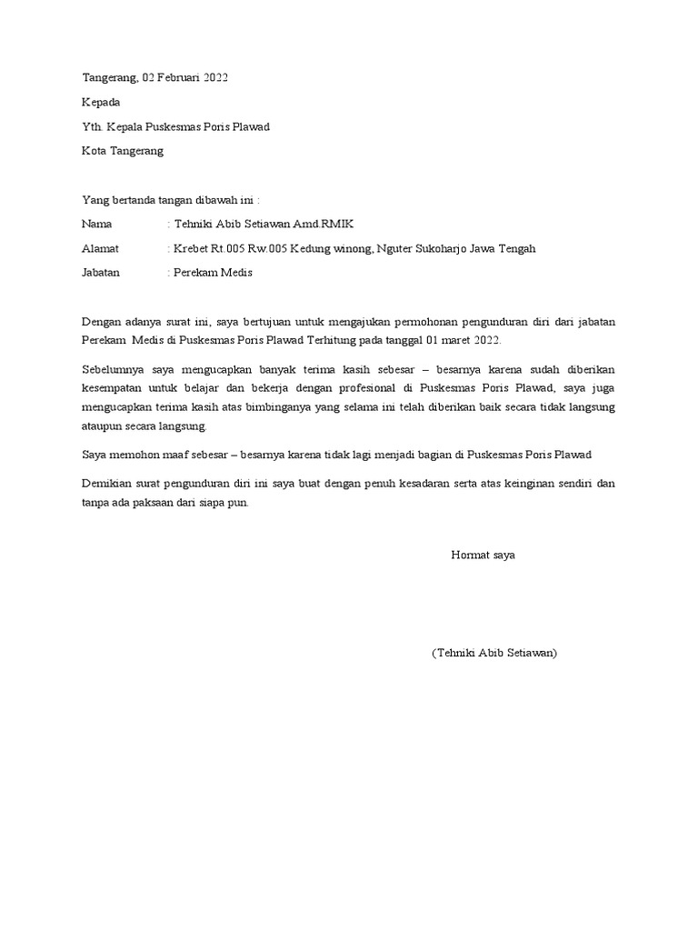 Pengunduran Diri Perekam Medis Tangerang | PDF