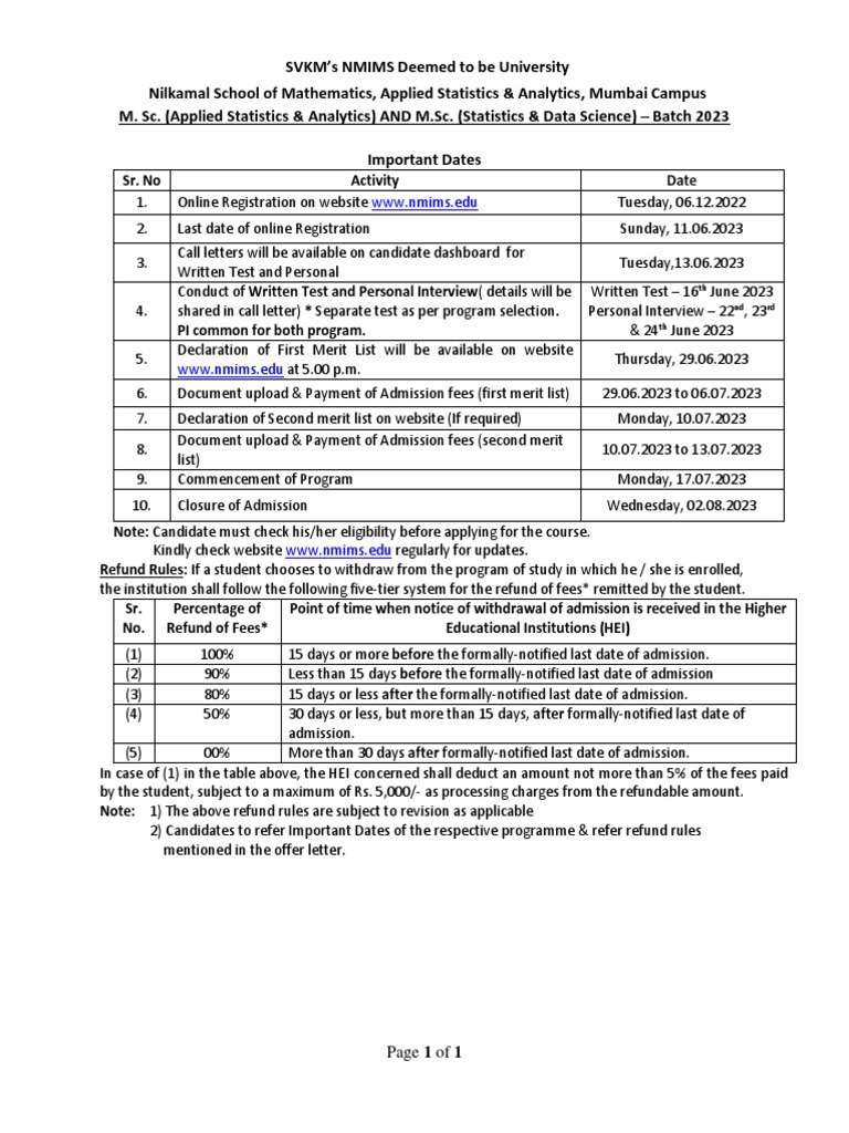 NMIMS 2023 Admission Important Dates | PDF | Business