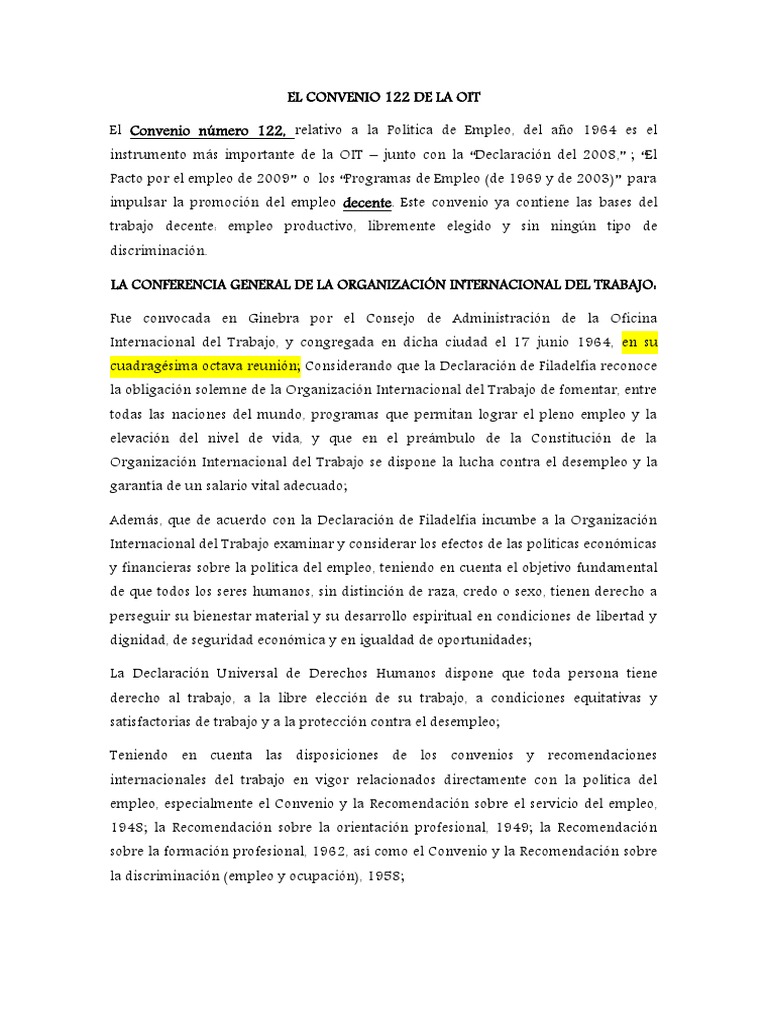 Convenio 122 de la OIT: Política de Empleo | PDF | Finanzas y dinero ...