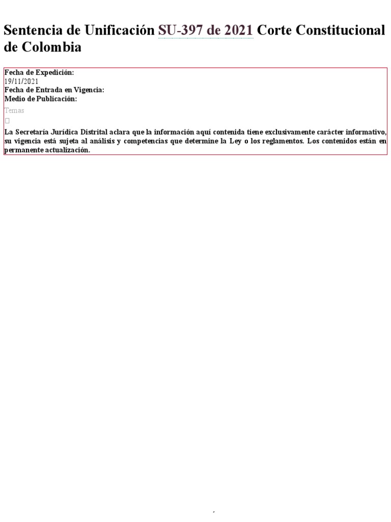 Sentencia de Unificación SU-397 de 2021 Corte Constitucional de