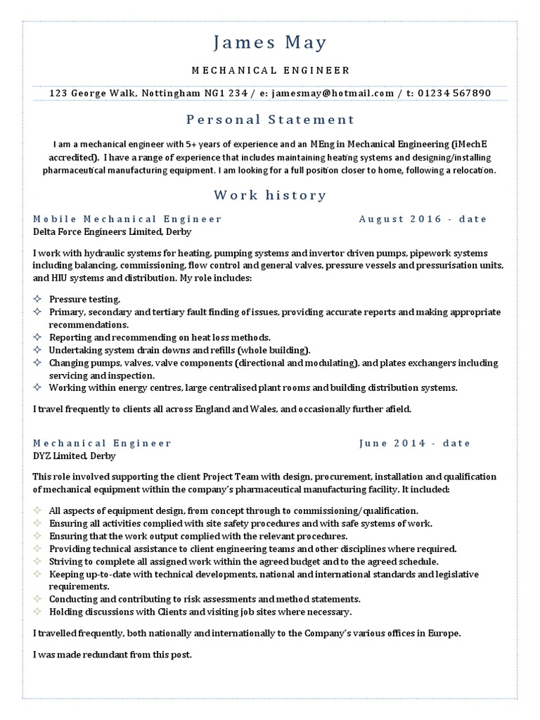 Mechanical Engineer CV - James May | PDF | Pump | Mechanical Engineering