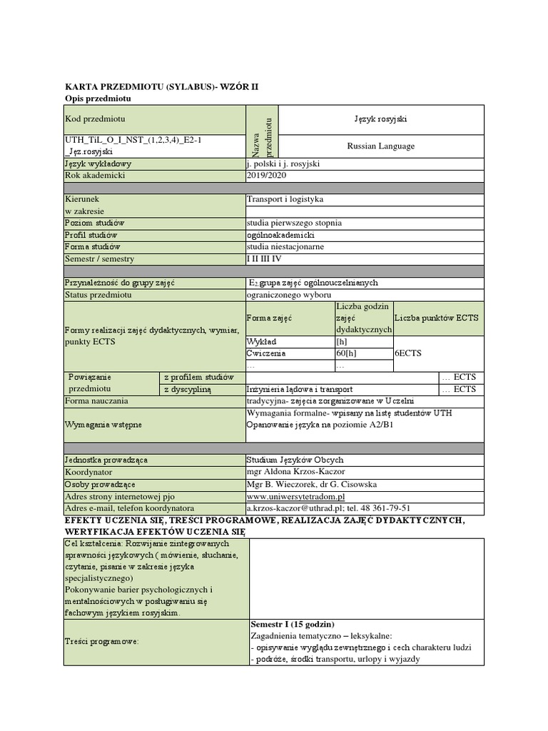 UTH - TiL - O - I - NST - (1-4) - E2-1 - Język Rosyjski | PDF