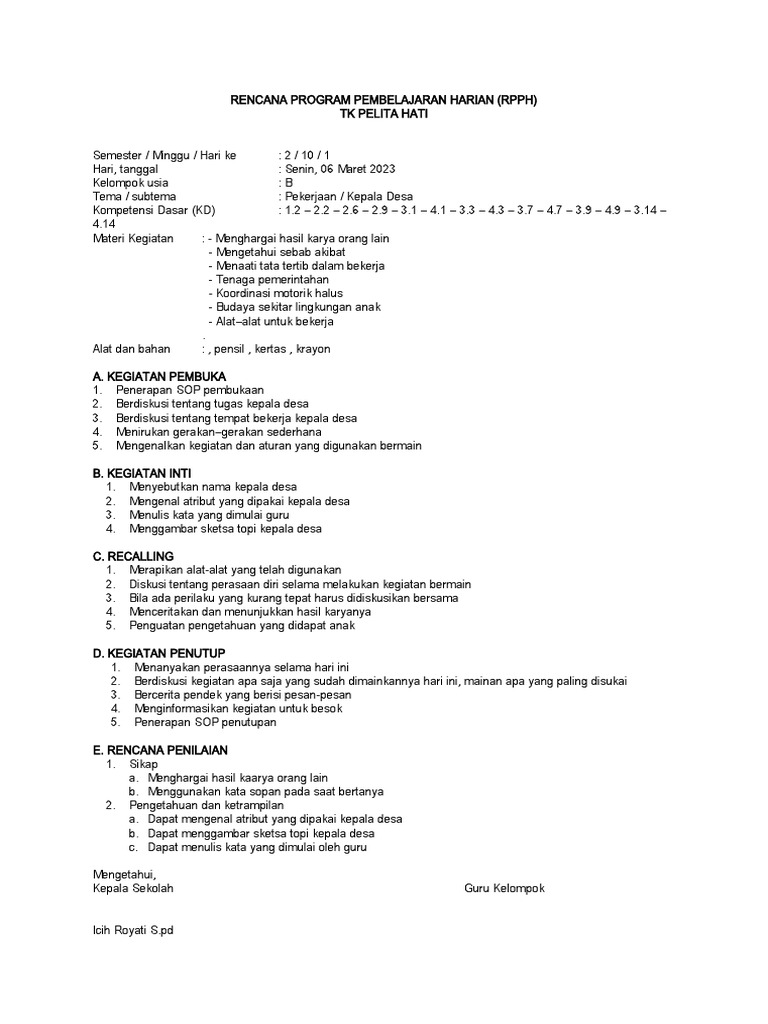 RPPH Tema Pekerjaan untuk TK B | PDF