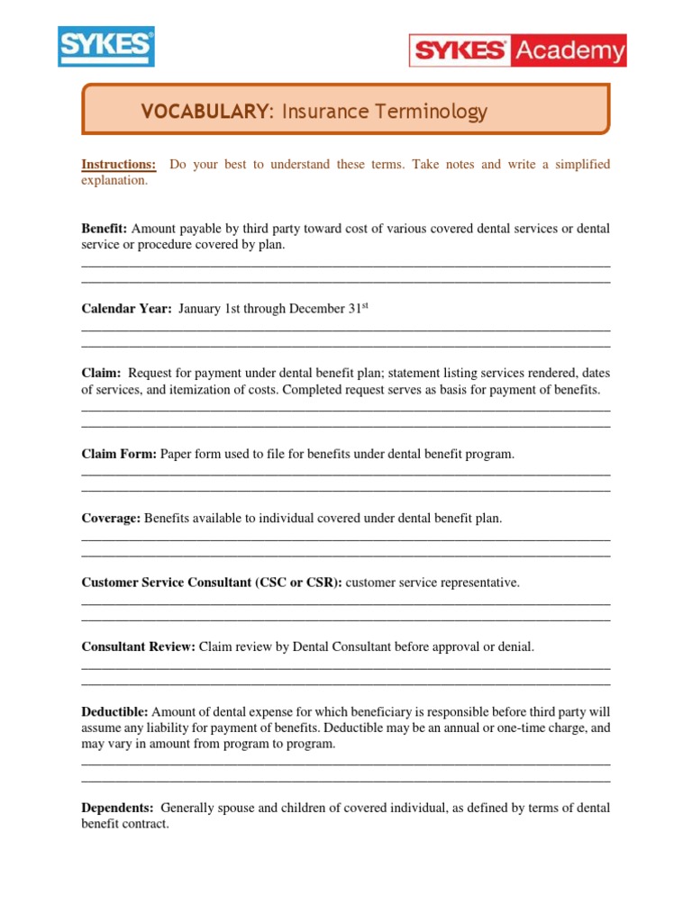 Homework Insurance Vocabulary PDF