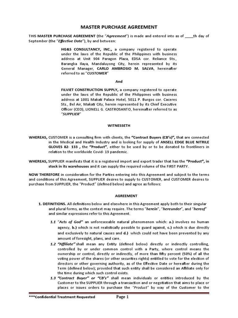 Master Purchase Agreement for Gloves | PDF | Indemnity | Letter Of Credit