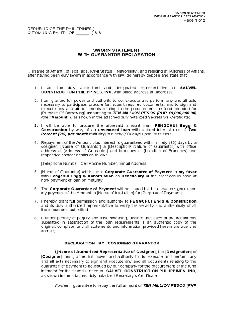 Sworn Statement with Guarantor Declaration | PDF | Loans | Perjury