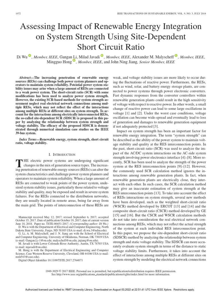 Assessing Impact of Renewable Energy Integration On System Strength ...