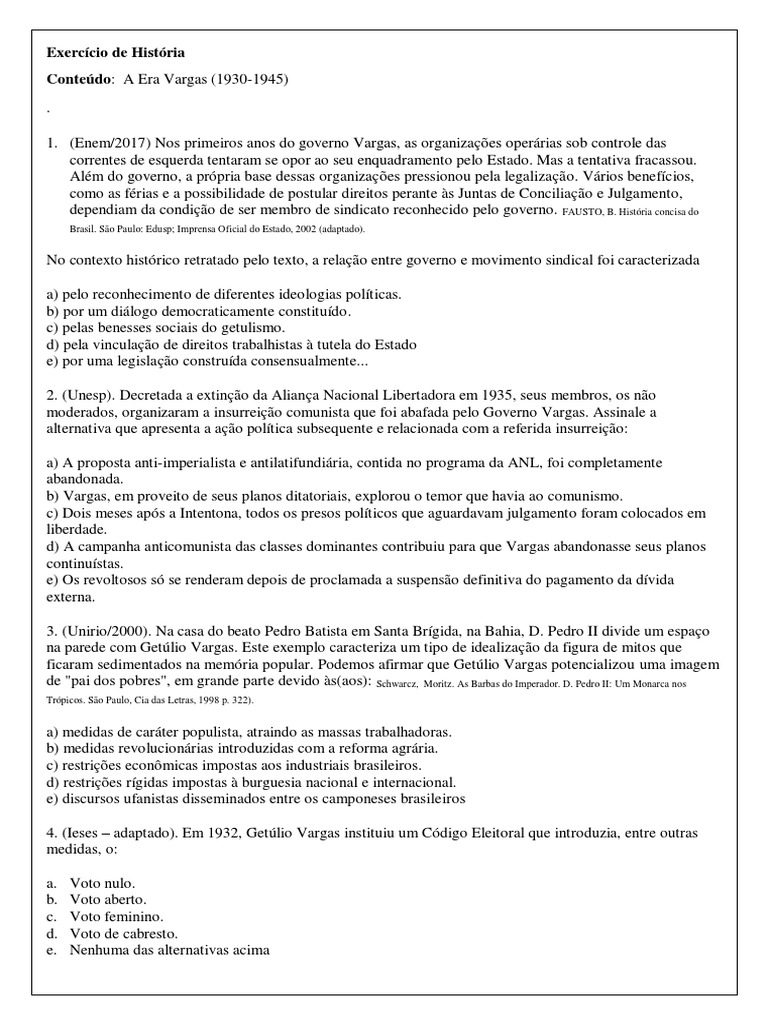 Questões sobre a Era Vargas (1930-1945) | PDF | Brasil | Estado