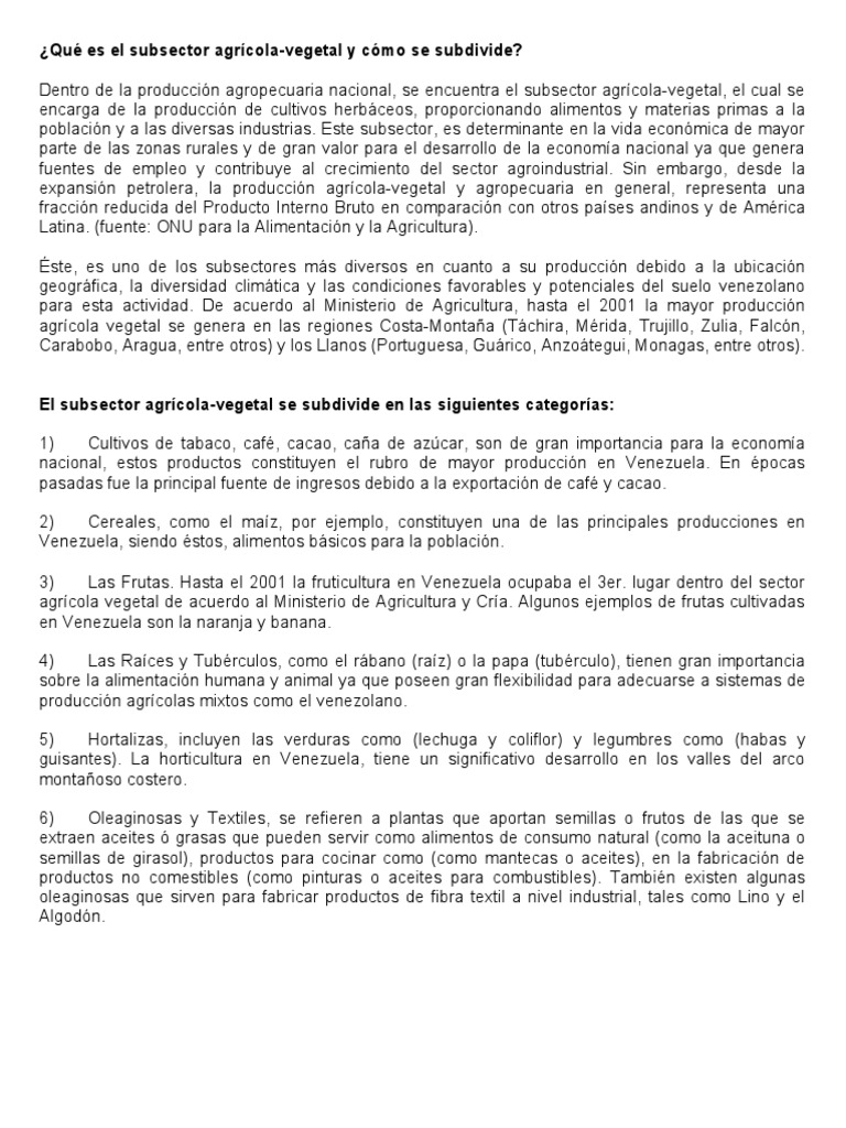 Subsector Agrícola-Vegetal de Venezuela | PDF | Agricultura | Venezuela