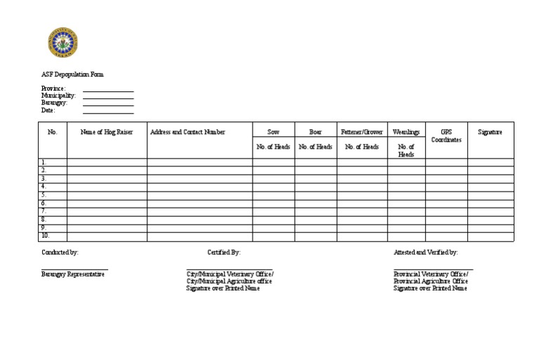ASF Depopulation Form Template | PDF