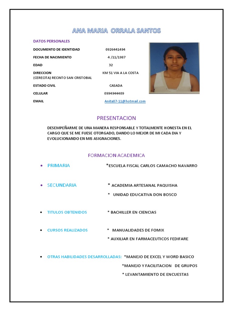 Perfil Profesional de Ana María Orrala | PDF
