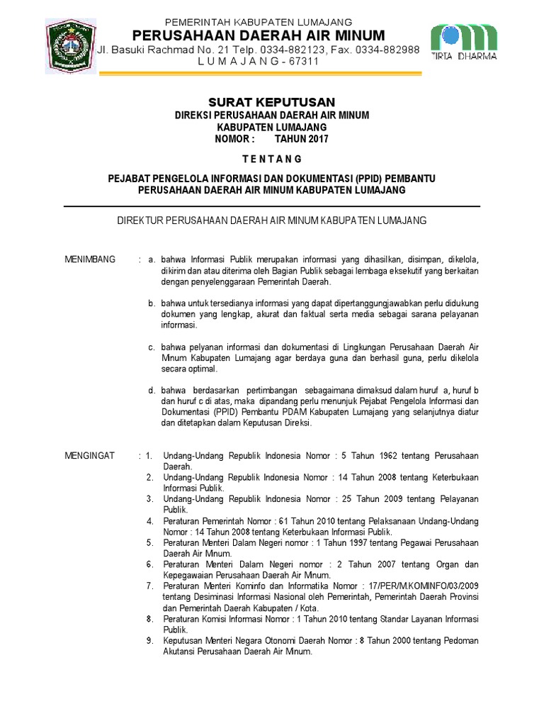 Penunjukan PPID Pembantu PDAM Lumajang | PDF