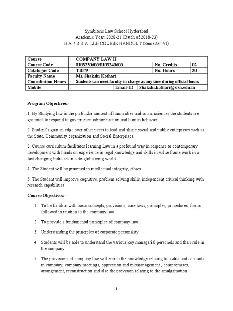 Company Law II Course Overview | PDF