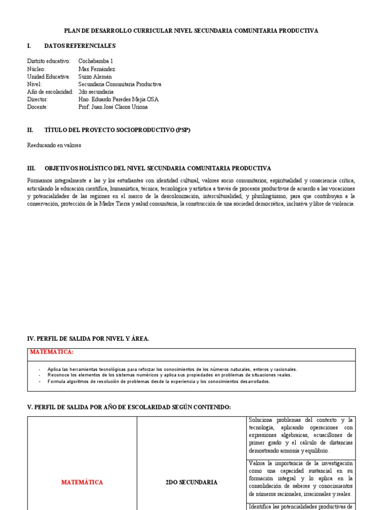 Plan de Desarrollo Curricular 2° Secundaria 2023 | PDF