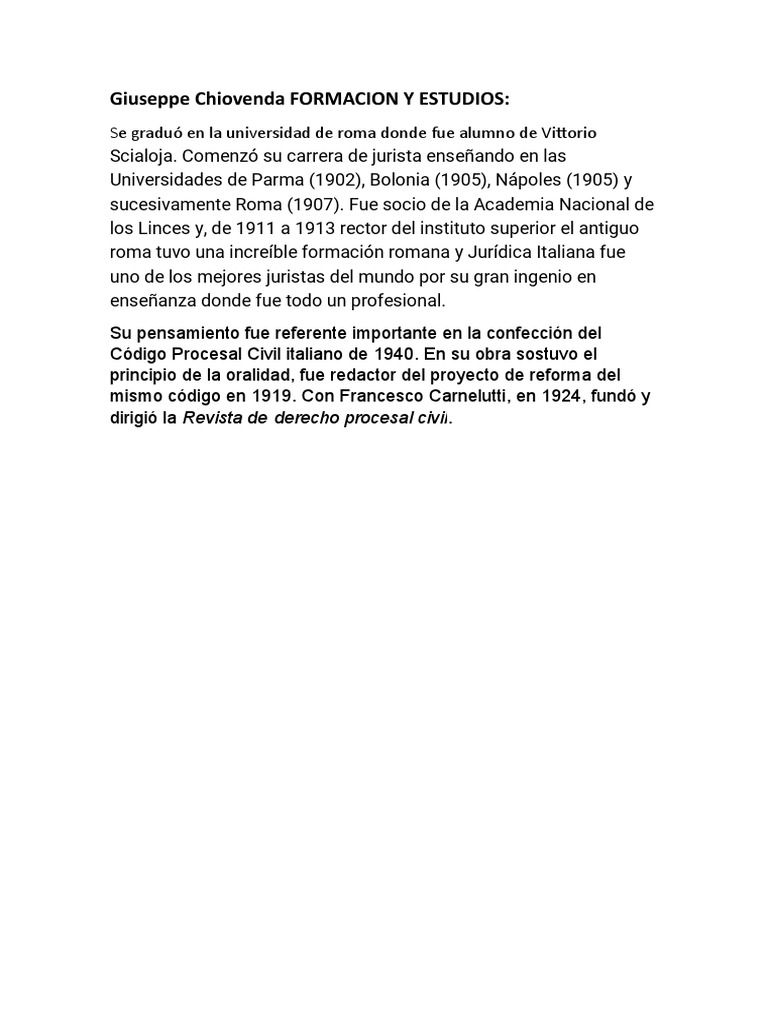 Giuseppe Chiovenda Formacion y Estudios PDF