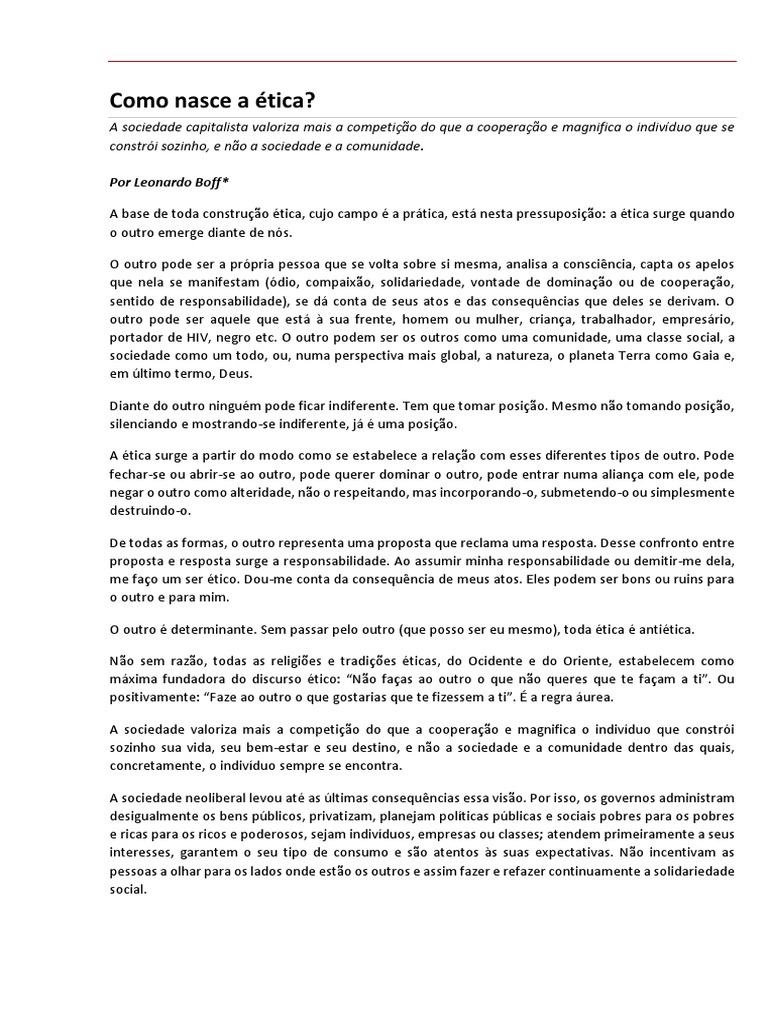 PDF Como Nasce A Ética BOFF Texto | PDF | Globalização | Humano