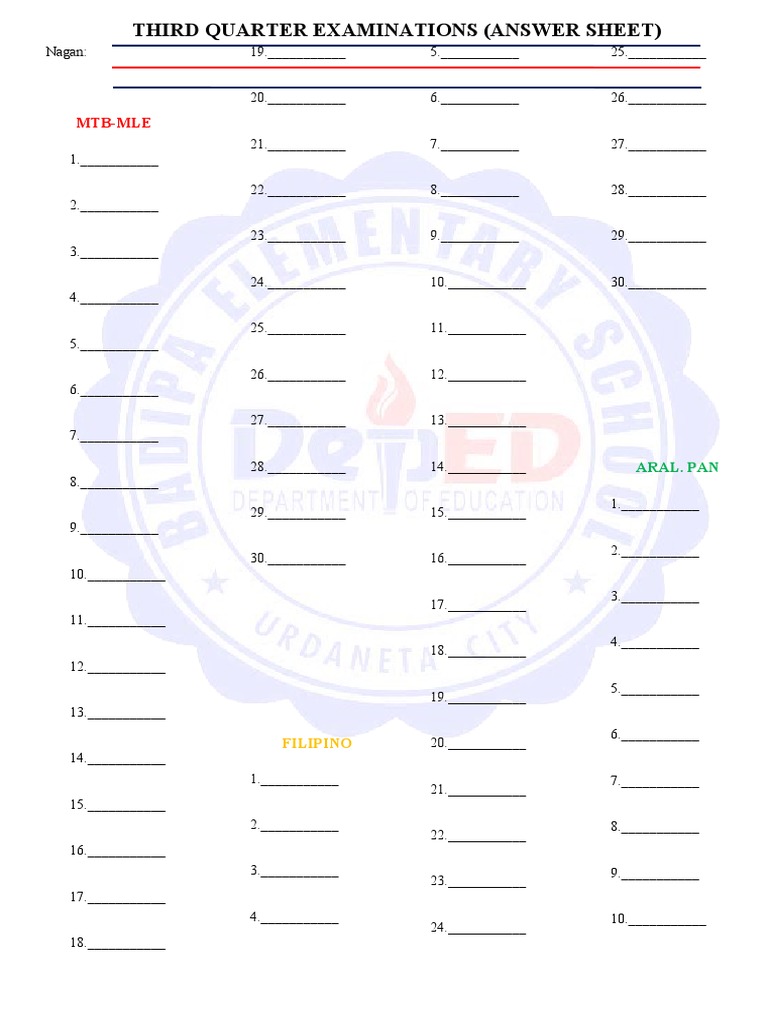 Answer Sheet All Subjects Pdf
