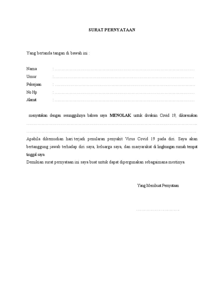 Surat Pernyataan Menolak Vaksin | PDF