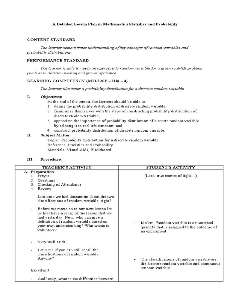 Detailed Lesson Plan: Probability Distributions | PDF | Probability ...