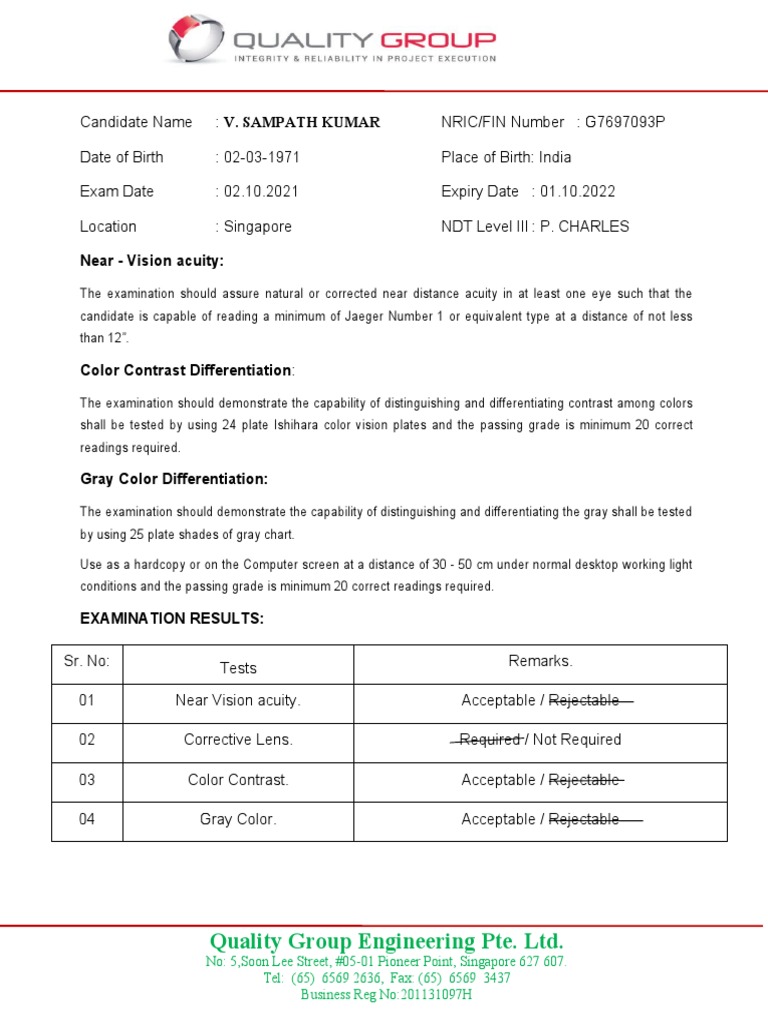 Vision Examination Results for V. Sampath Kumar | PDF | Optics | Vision