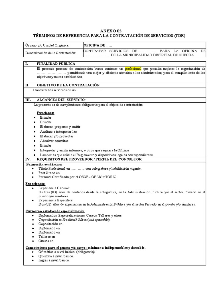 Ejemplo de TDR para Contratación de Servicios | PDF | Regulación ...