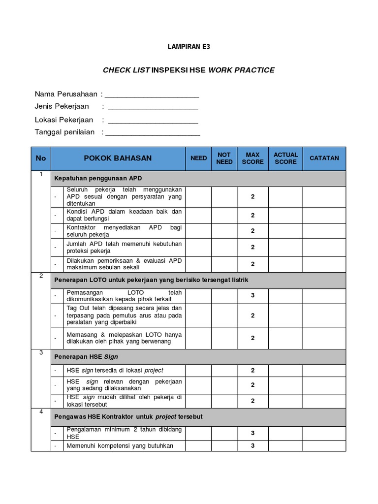 Lampiran E3 CHECK LIST INSPEKSI HSE WORK PRACTICE | PDF