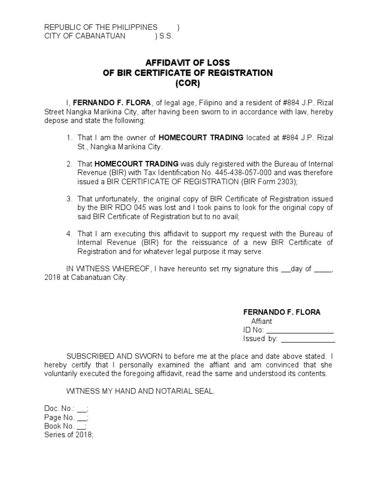 Affidavit of Loss for BIR COR | PDF