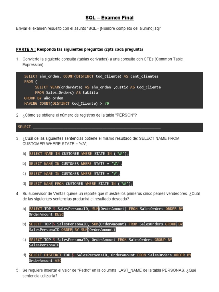 Examen Final de SQL: Consultas y CTEs | PDF | SQL | Bases de datos