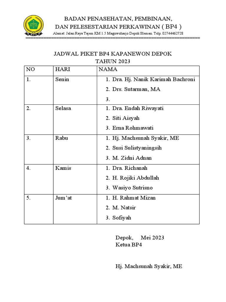 Jadwal Piket BP4 | PDF