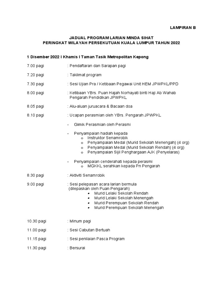 LAMPIRAN B - Tentatif Program Larian Minda Sihat | PDF
