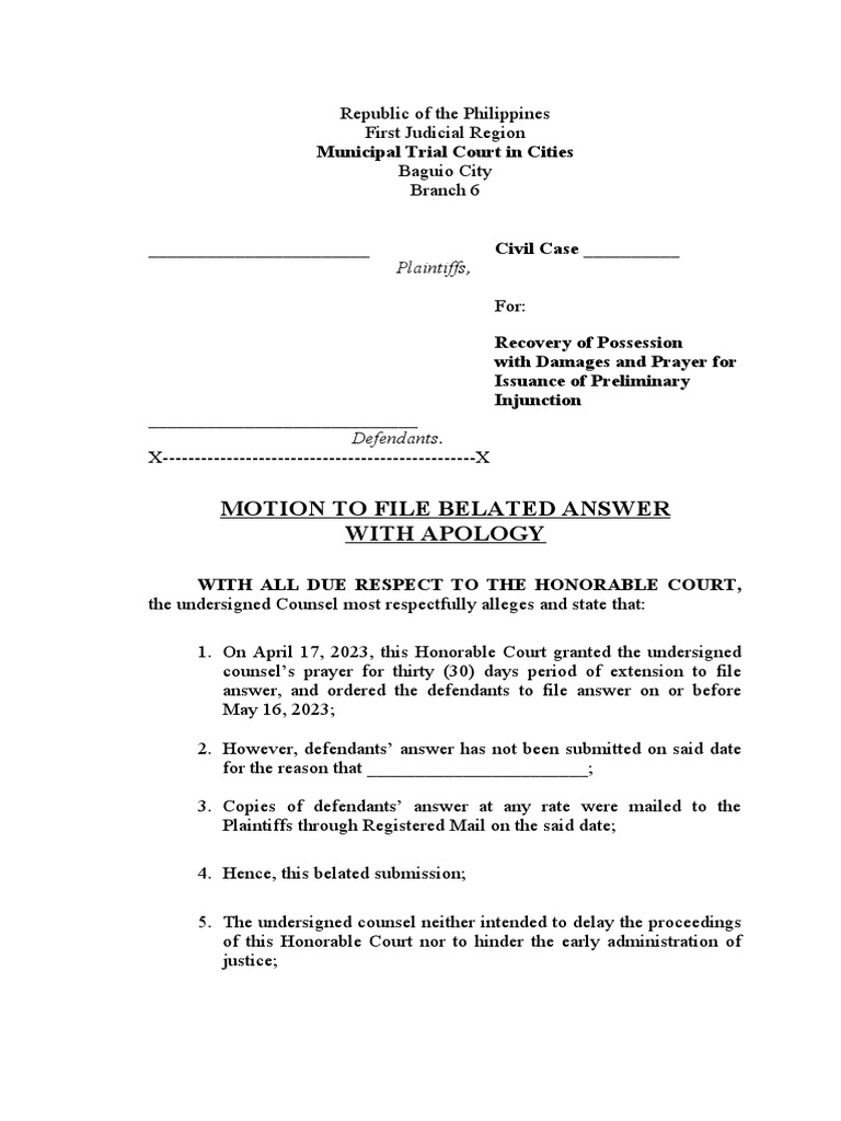 Motion for Belated Answer in Court | PDF | Lawsuit | Courts