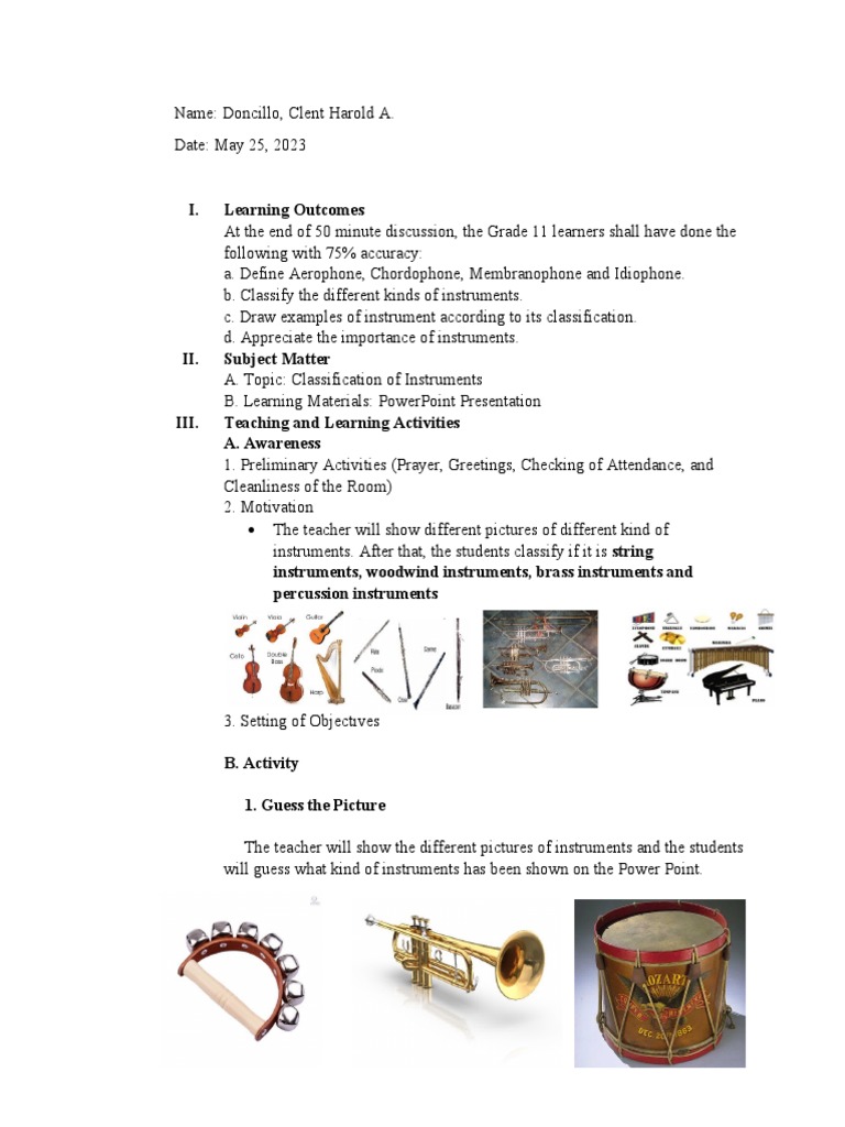 Classification of Instruments Demonstration PDF Musical Instruments