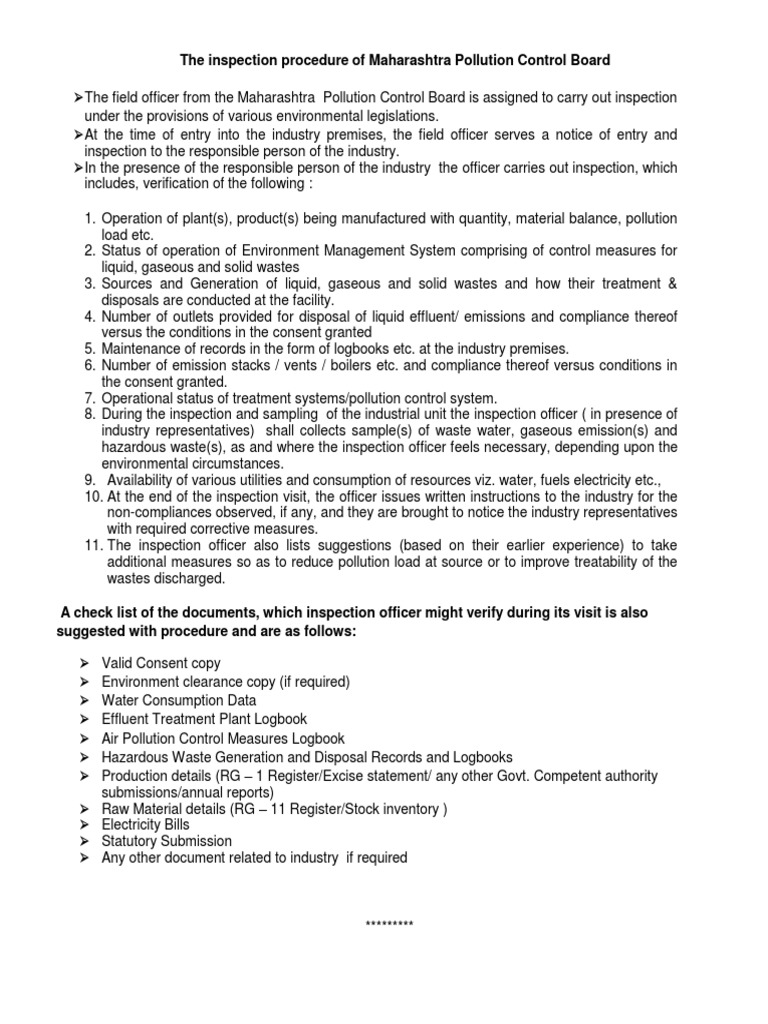 MPCB FO site inspection procedure PDF Waste Management Waste