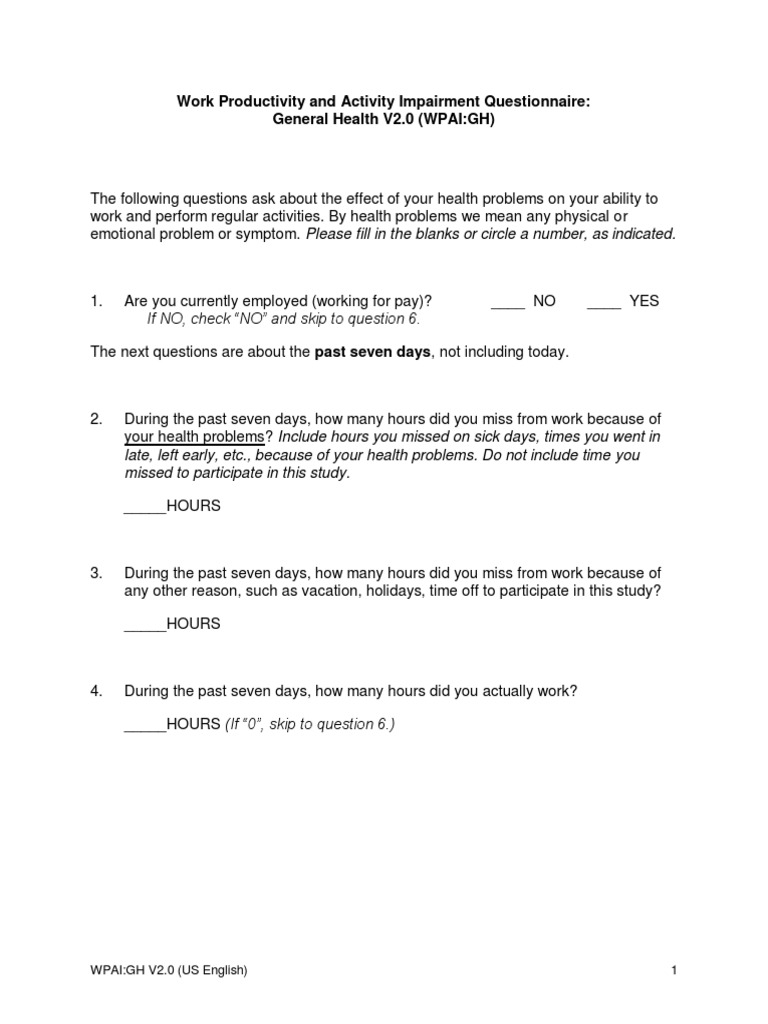 WPAI:GH Questionnaire Overview | PDF | Psychology | Clinical Medicine