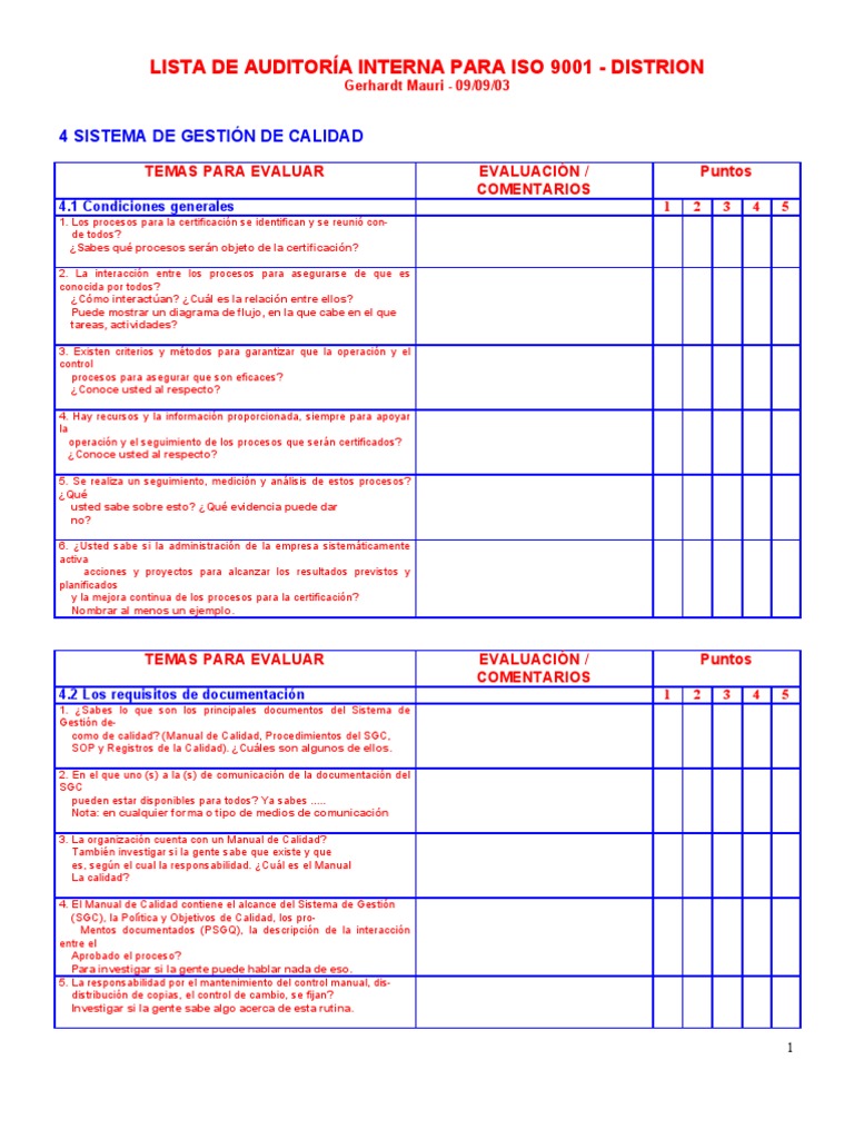 Checklist Auditoría Interna ISO 9001 | PDF | Calidad (comercial ...