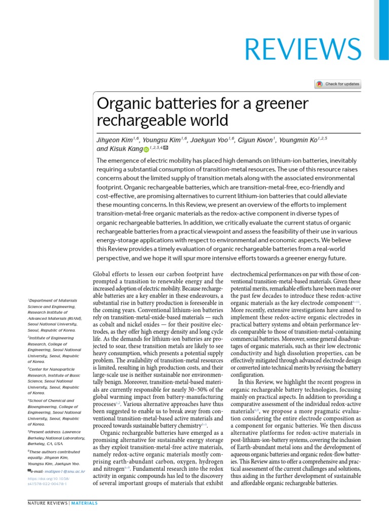 Nature Reviews Materials 2022 Organic Batteries For A Greener