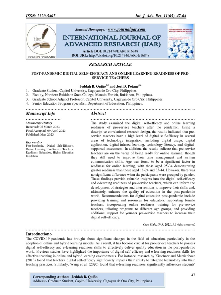 Post pandemic digital self efficacy and online learning readiness of