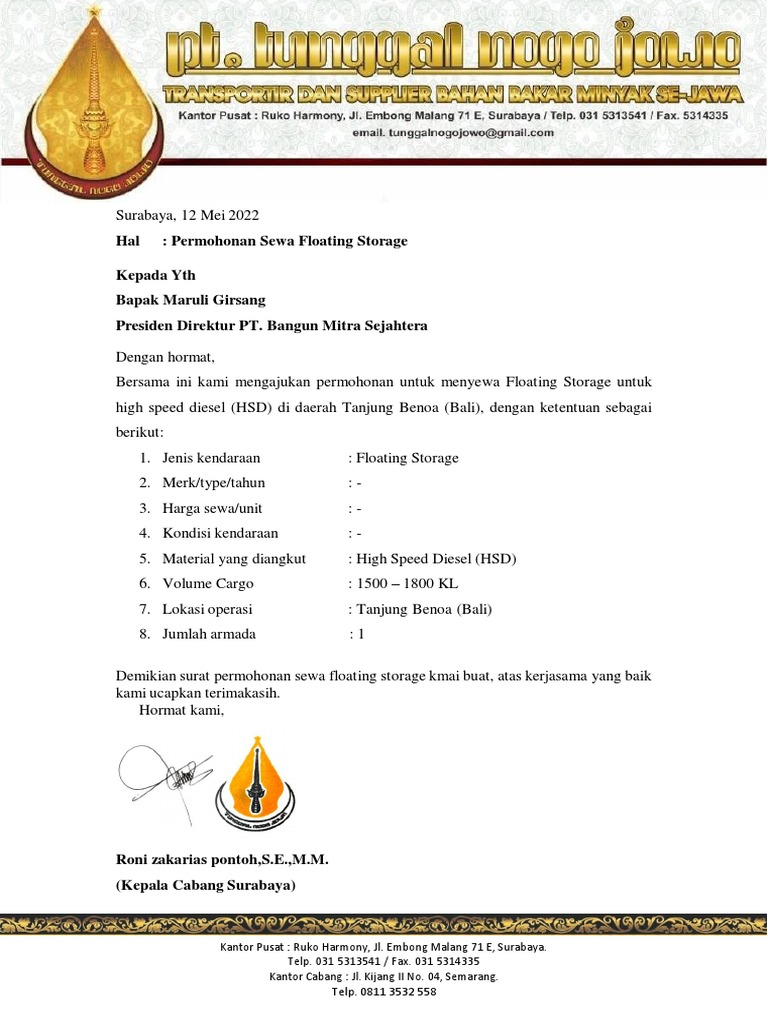 Permohonan Sewa Floating Storage HSD | PDF | Sains & Matematika