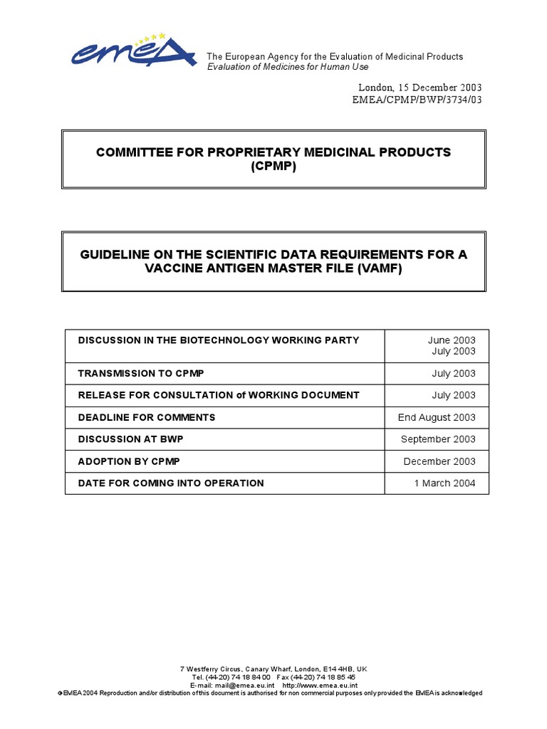 Vamf Guideline Scientific Data Requirements Vaccine Antigen Master File