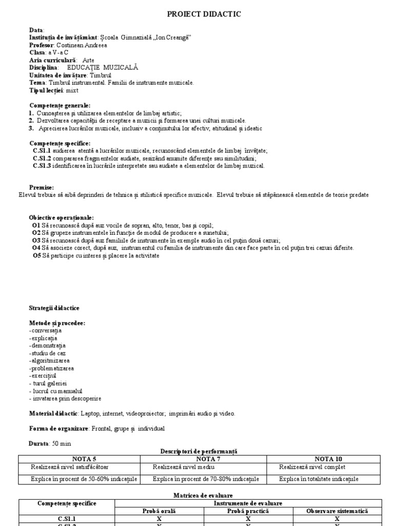 Proiect Didactic Clasa A Va C, Costinean Andreea | PDF