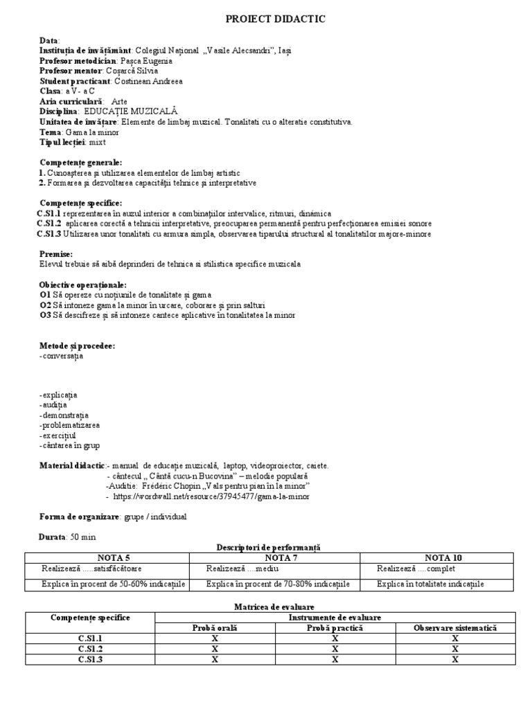 Proiect Didactic Clasa A V-A C, Costinean Andreea | PDF