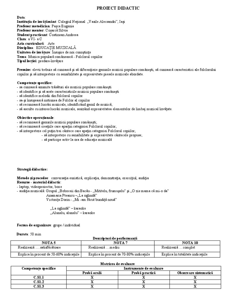 Proiect Didactic Clasa A VI-a C, Costinean Andreea | PDF