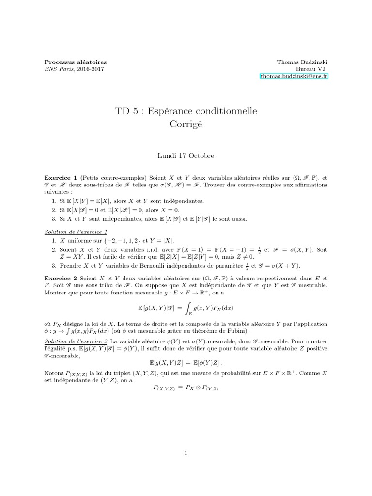 td5 Processus Corrige | PDF | Fonction monotone | Espérance mathématique