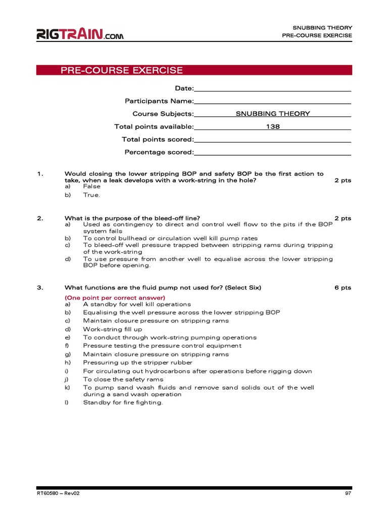 Snubbing Theory Pre-Course Exercise | PDF | Mechanical Engineering ...