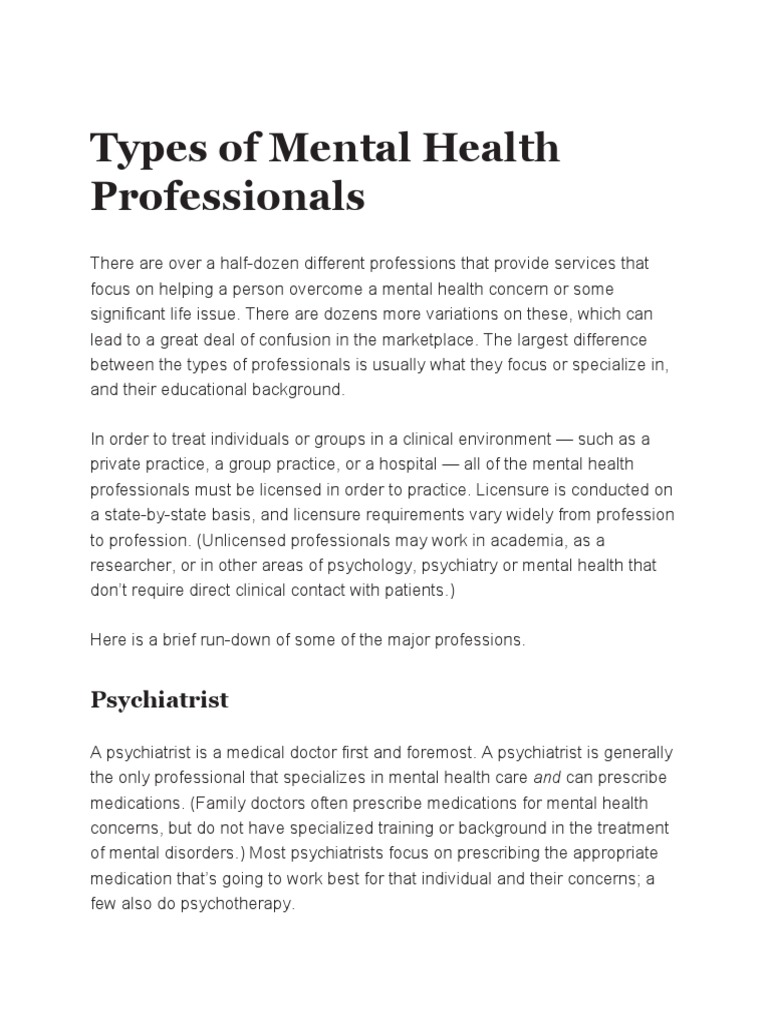 Types of Mental Health Professionals Explained | PDF | Psychiatry ...